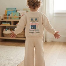 J16876: Girls Frill Sweatshirt With Back Graphic & Wide Leg Jog Pant Outfit (2-4 Years)